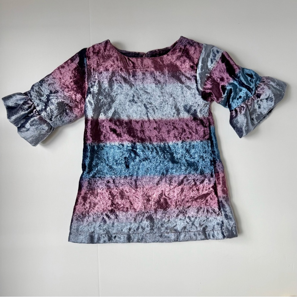 Peek Kids Velvet Ruffle Sleeve Dress Purple Blue Striped Size 6-12M